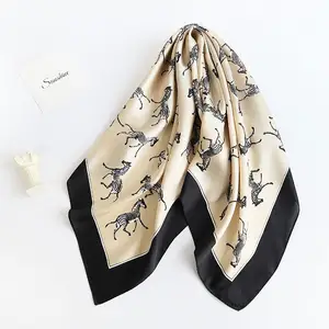 70x70cm Crepe Satin Square Polyester Horse Animal Print Silk Scarves For Women