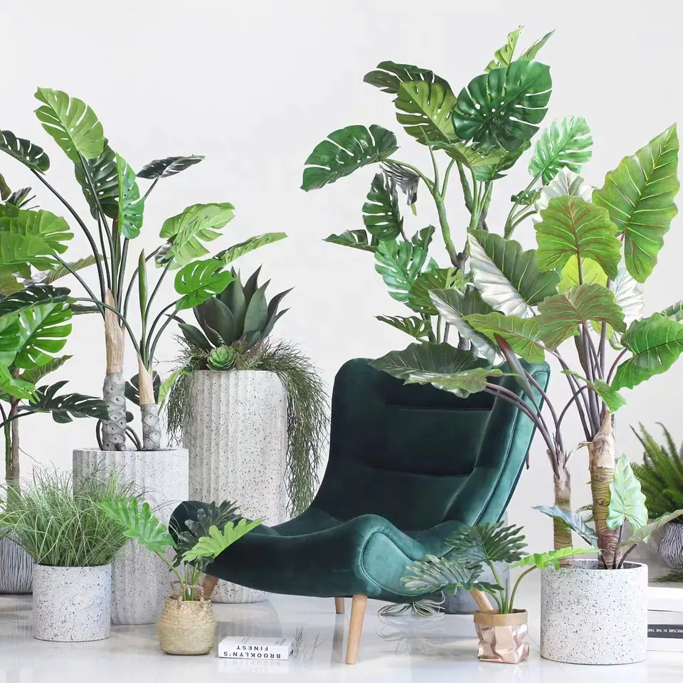 50-170cm plastik bonsai bitkiler fabrika doğrudan satış Araceae yapay Monstera deliciosa ağaç kabuğu ile