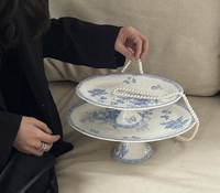 Vintage Mavi Çiçek Desenli Kabartmalı Seramik Sofra Takımı – Zarif Porselen Tabaklar, Kek Standı, Düğün Hediyesi İçin Yemek Takımı