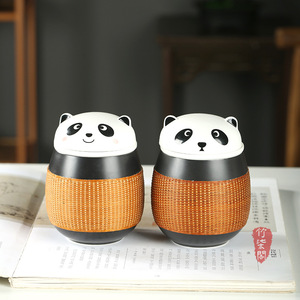 Panda Ceramic Cup Bamboo Woven Portable With Lid Travel Water Cup - Product Image 1