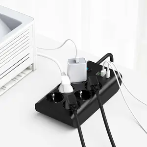 Multi Socket with USB Port Plug Adapter EU Extension Cord 6 Outlets Black Color for Home Office