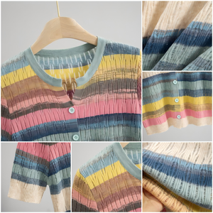 Cardigã Feminino de Tricô Fino Estilo Coreano com Decote V Elegante e Listras Coloridas para o Verão - Product Image 3