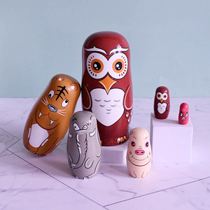 Set di 6 gufo leone lucido animale russo in legno bambole di nidificazione per la decorazione regalo - Product Image 2