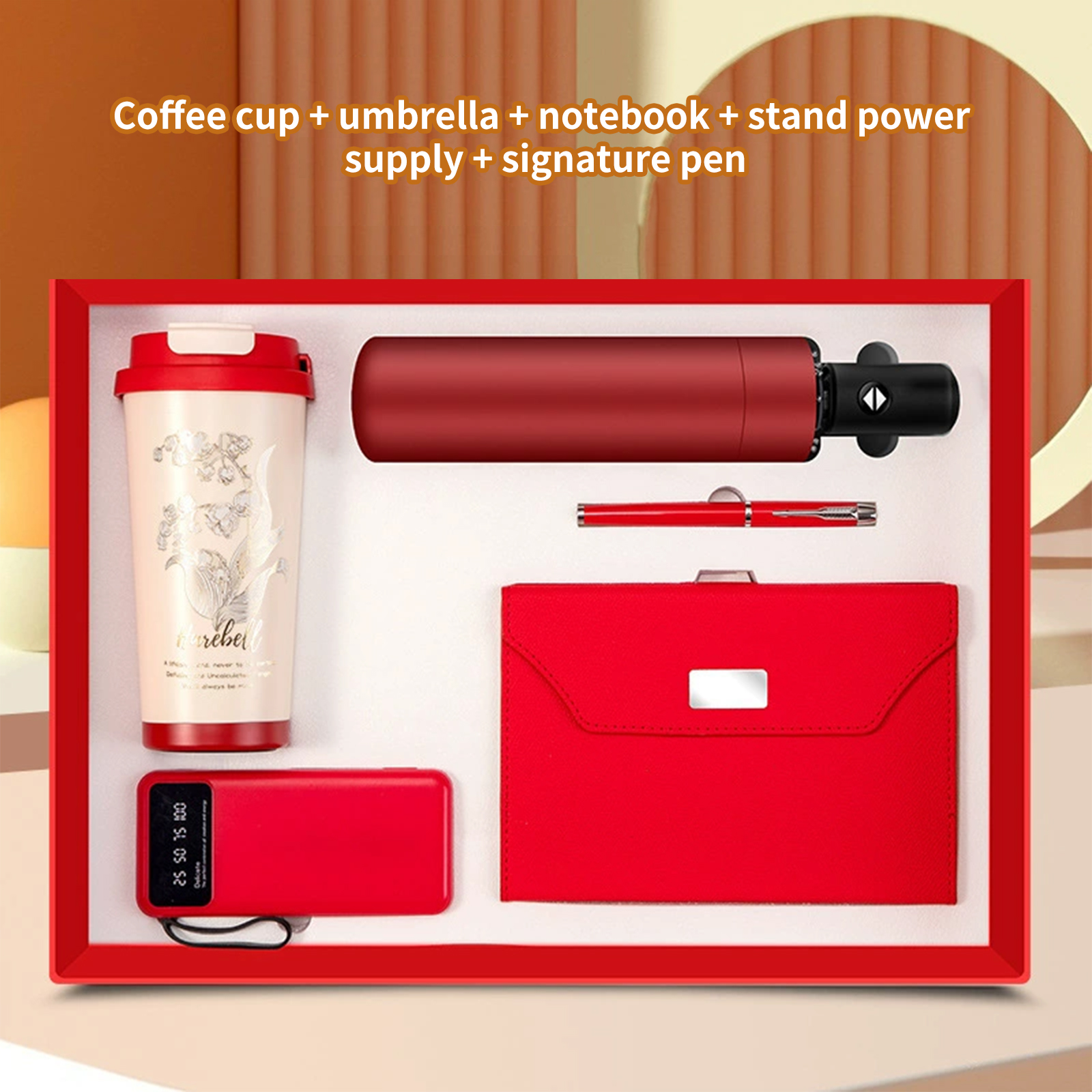 Coffee cup umbrella notebook stand power supply signature pen