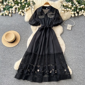 Vestido de Verano y Primavera, Nuevo Diseño de Moda, Manga Abullonada, Diamantes, Escote Redondo, Vestido Midi Informal - Product Image 4