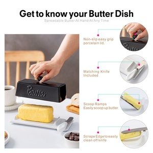 Beurrier en porcelaine noire de luxe avec couteau, récipient de rangement pour le fromage, compatible lave-vaisselle, design moderne, motif végétal pour restaurant - Product Image 4