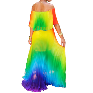 Abito Lungo Estivo in Chiffon con Stampa <span class=keywords><strong>Arcobaleno</strong></span>, Scollo a Barca, Volant e Pieghe, Elegante Stile Boho per Spiaggia e Feste - Product Image 4