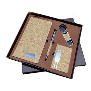 Custom Holiday Season Business Giveaways Notebook Keychain Ballpen Set Corporate Staff Gifts Wooden Cork Pen Gift Set