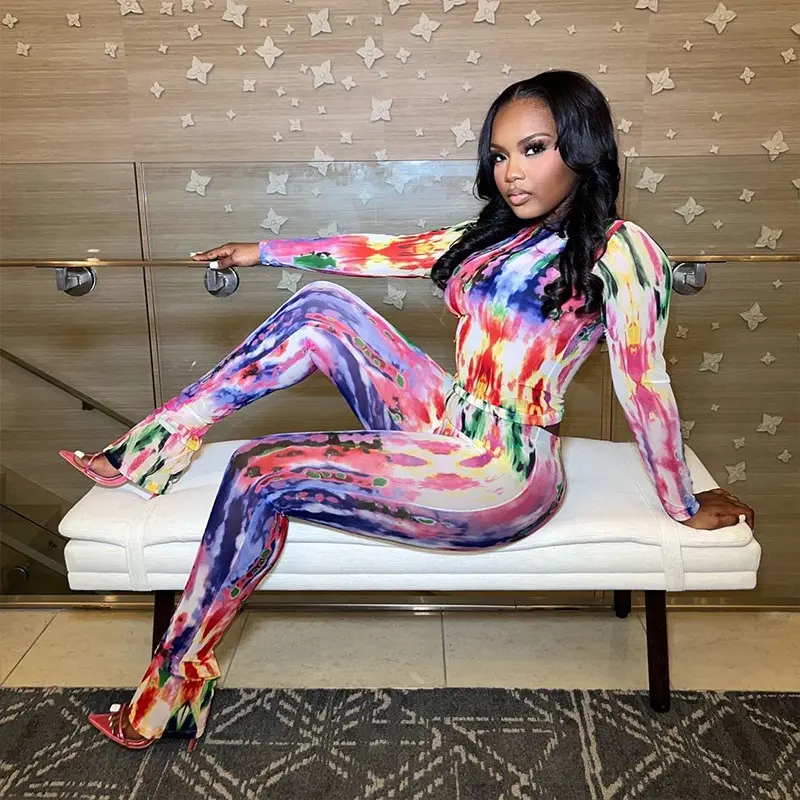 Spring and summer new fashion gauze printed tight-fitting top and trousers casual suit women's two piece set