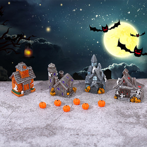 Décoration d'Halloween : Ensemble de figurines en résine (Maison, Araignée, Chauve-souris, Citrouille) pour intérieur et extérieur - Product Image 2