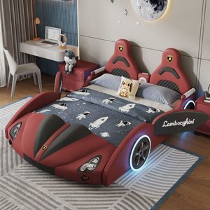 Lit enfant moderne en forme de voiture de course avec lumières LED, design cool de voiture de sport, cadre de lit rembourré pour garçons - Product Image 1