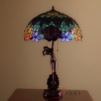 Lampe de table/bureau en verre coloré rétro de style européen, motif floral et animal, base en cuivre pur, vente en gros sur mesure