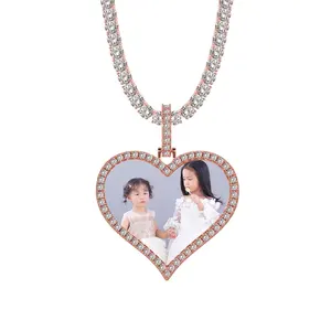 Photo personnalisé Mémoire Médaillons Pendentif Coeur Colliers Hip Hop Bling bijoux Sublimation Coeur En Zircon Cubique Collier