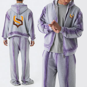 KIingSen OEM Wholesale High Quality Hand Paint Men's Winter <b>Zip</b> up Hoodie and Sweatpants Set French Terry 100% Cotton Sweatsuits - Product Image 3