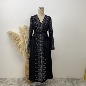 1424# Latest <b>Ladies</b> Design Nida Material <b>With</b> <b>Pockets</b> Shiny Hot Drilling Versatile <b>Black</b> Color Open Abaya Diamond <b>Cardigan</b> - Product Image 2