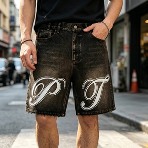 Custom Vintage Acid <b>Wash</b> Screen Print Denim Jorts Knee Length Hip Hop Rhinestone Distressed Mens Shorts Jeans OEM Cut and Sew - Product Image 3