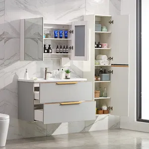 Foshan 30 inç tek duvara monte banyo dolabı açık gri Vanity PVC Modern banyo Vanity lavabo ile