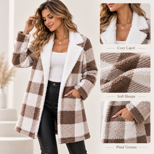 Abrigo de Sherpa a Cuadros para Mujer con Logotipo Personalizado, Solapa con Muescas, Largo Medio, Marrón y Blanco, de Felpa Cálida para Invierno - Product Image 2