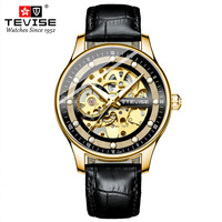 Montre automatique mécanique pour homme TEVISE T836D, nouveau modèle, cadran squelette ajouré, bracelet en cuir, aiguilles lumineuses, montre sport tendance