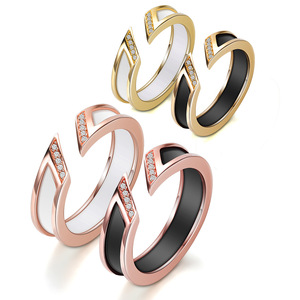 Ceramic <b>Ring</b> 5mm <b>Open</b> Round Asymmetrical Single Row Diamonds Geometric Design Unisex Jewelry Gift White Black Gold - Product Image 1