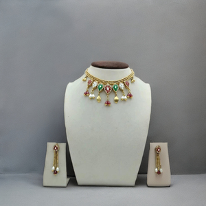 Traditional Gold Kundan Choker Necklace Set with Red Green <b>Stones</b> and Pearl Drops Bridal Wedding Jewelry - Product Image 3