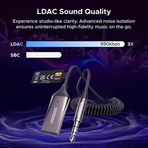 Adaptador de Coche UGREEN AUX a <span class=keywords><strong>Bluetooth</strong></span> 6.0 con LDAC, Micrófono Integrado de 3.5mm, Llamadas Manos Libres, Altavoz, <span class=keywords><strong>Audio</strong></span> para el Hogar - Product Image 2