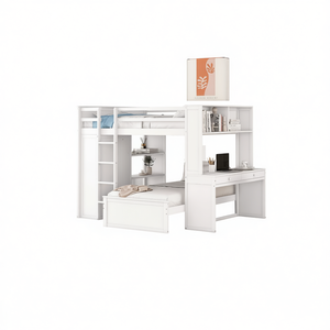 Lit mezzanine pleine taille avec lit double, bureau, étagères, armoire, ensemble de meubles pour enfants, design contemporain blanc - Product Image 1