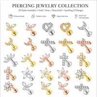 Labret à dos plat pour tragus, clou d'oreille à filetage interne en zircon et acier inoxydable, anneaux de lèvre, cartilage, hélix, bijoux de piercing tendance