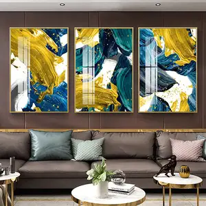 Abstracte Muurschildering Kunst Gehard Glas Kristal Porselein Schilderij Gouden Folie Blauw Muur Kunst Kamer Decor