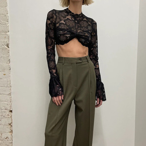 Sexy cuello redondo manga larga blusa patrón señora encaje crop Tops mujer ropa tops para mujer - Product Image 2