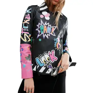 Streetwear Supplier High Quality Hand Painted Design Women Leather Jacket With Pin-Buckle Belt