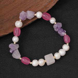 Pulsera de Perlas Naturales de Agua Dulce Únicas para Mujer, Chapada <span class=keywords><strong>en</strong></span> Oro de 18K, con Cuentas de Amatista Cruda, <span class=keywords><strong>Calcedonia</strong></span> Rosa y Cuarzo Rosa - Product Image 2