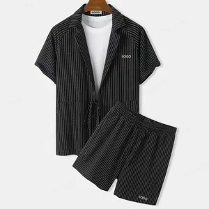 定制夏装时尚设计透气黑色棉超柔软条纹超大衬衫短裤两件套男士