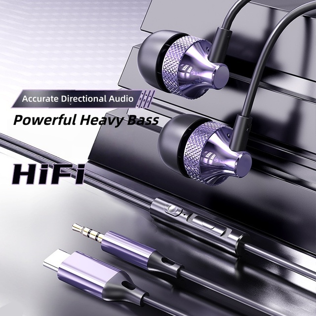 High Sound Type-C 3.5mm In-ear Headphones Volume Calls Control Wired Earphones for Sports Gaming From China Earphones Factory