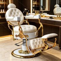 Fauteuil de Barbier Hydraulique Vintage Blanc Doré de Luxe pour Salon de Coiffure et de Beauté, Mobilier de Salon Ajustable avec Repose-Pieds