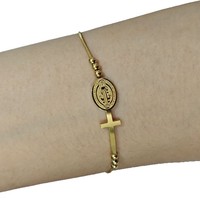 Bracelet à breloque croix religieuse chrétienne en acier inoxydable plaqué or 18 carats, vintage, unisexe, cadeau