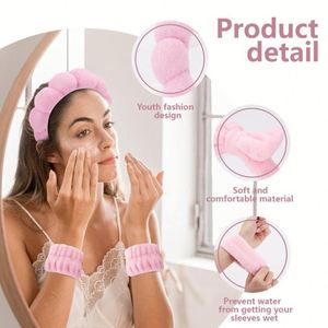 Ensemble de bandeaux torsadés en éponge à couronne haute pour femme, style doux, en tissu éponge, pour le lavage du visage, le maquillage et le spa, avec bracelets - Product Image 2