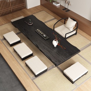 Black Tatami Tea Table Wabi Sabi Style Japanese Low Table For Living Room And Dining Room Floor Standing With <b>Cushions</b> - Product Image 2