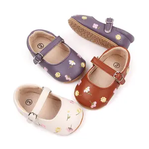 Pretty Baby Girls Mary Jane Flats PU Leather Infant Dress Summer Sandal Floral Embroidery Princess Shoes 0-18M