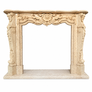 Chimenea tradicional de mármol con tallado ornamentado, de mármol beige Galala, para interiores, con estufa de leña para comedor. - Product Image 2