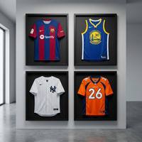 Nouvelle conception, boîte de présentation pour maillot de sport 60x80cm, impression UV artisanale, en MDF avec protection HD PS pour collection d'équipe