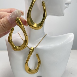 18K Gold Plated Stainless Steel Irregular Open Hoop Jewelry <b>Set</b>, Waterproof Organic Teardrop Earrings & Pendant Necklace for Wom - Product Image 2