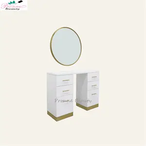 现代发廊家具壁挂式白色和金色理发师 & 带镜子的造型站