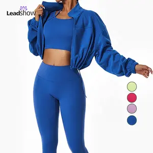 Sport bekleidung Fitness Blank Damen Sport benutzer definierte Trainings anzüge Anzüge Crop Top Yoga Wear Legging Frauen Trainings anzüge 2 Stück Set Reiß verschluss