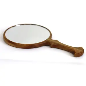 Benutzer definierte einfache Stil Mädchen Geschenk niedlichen Vintage Holz Hand Make-up Spiegel kleine Holz runde Spiegel