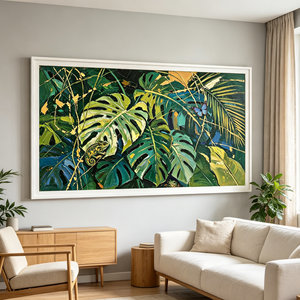 <span class=keywords><strong>Peinture</strong></span> Impasto Sculptée à la Main, Feuillage de Jungle Exuberant, Papillon Morpho Bleu Caméléon, Design Art Déco, Cadre Bleu, Hôtel Tropical - Product Image 4