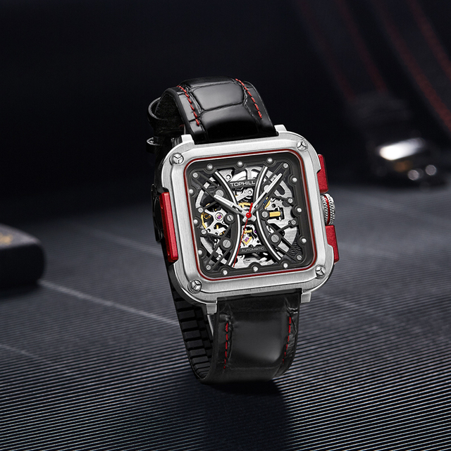 Tophill TUT002G  Men Stainless Steel Case Genuine Leather Band Square Hollow Out Automatic Mechanical Movement Watches
