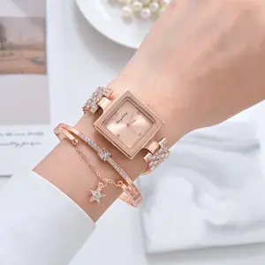 las mujeres de la pulsera de estilo coreano de la caja Suppliers-Reloj de pulsera cuadrado de estilo coreano, pulsera de aleación con diamantes incrustados, correa de reloj de cuarzo