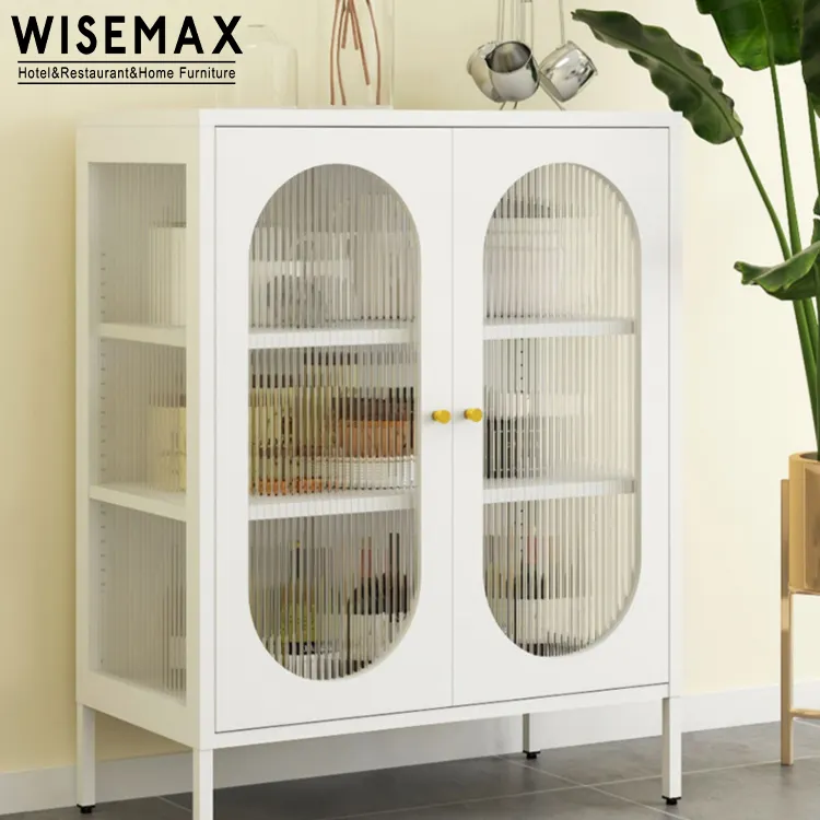 WISEMAX meubles meubles de salon nordique Rectangle armoire latérale en métal blanc porte en verre armoire à 3 couches avec coussin