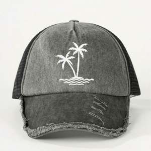 Gorra trucker de verano para exteriores con protección solar, bordado de árbol de coco, tela de malla lavada de alta calidad, gorra trucker desgastada - Product Image 6